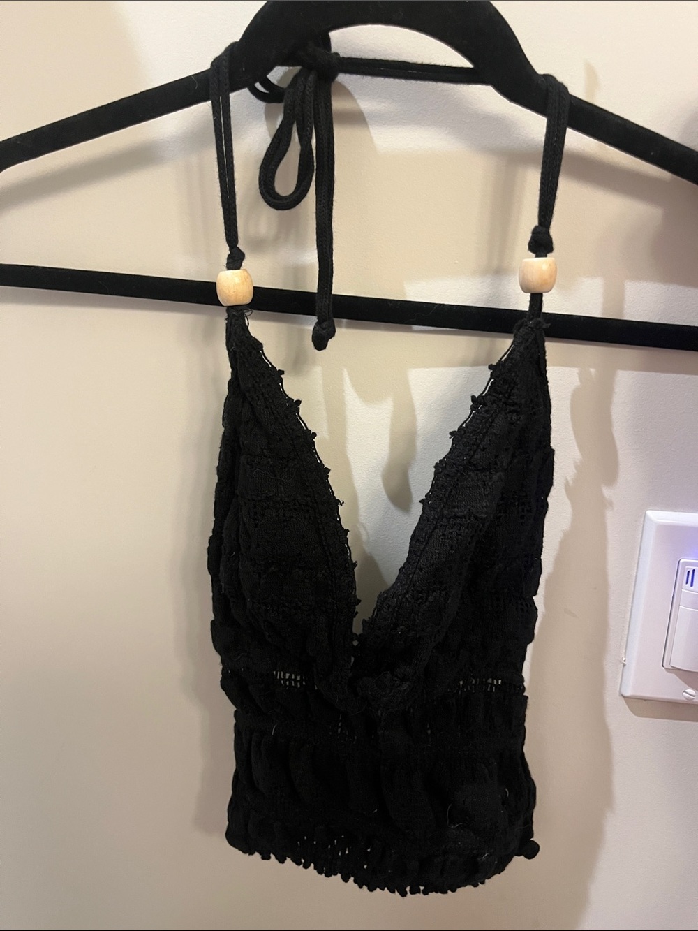 Black Lace Halter Crop Top with Beaded Tie Straps